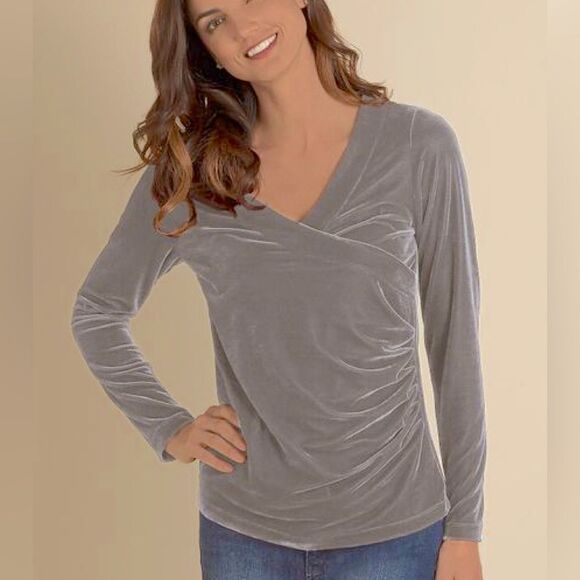 Soft Surroundings Cloudburst Velvet Shapely Top wrap blouse Long sleeve -S - Picture 1 of 8